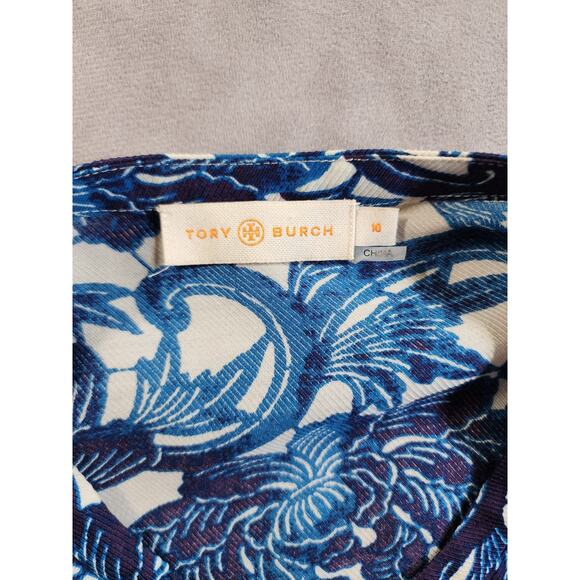 Tory Burch Button Up Tunic Top Womens Size 10 Blue Floral Geometric Wool Silk - Picture 2 of 14